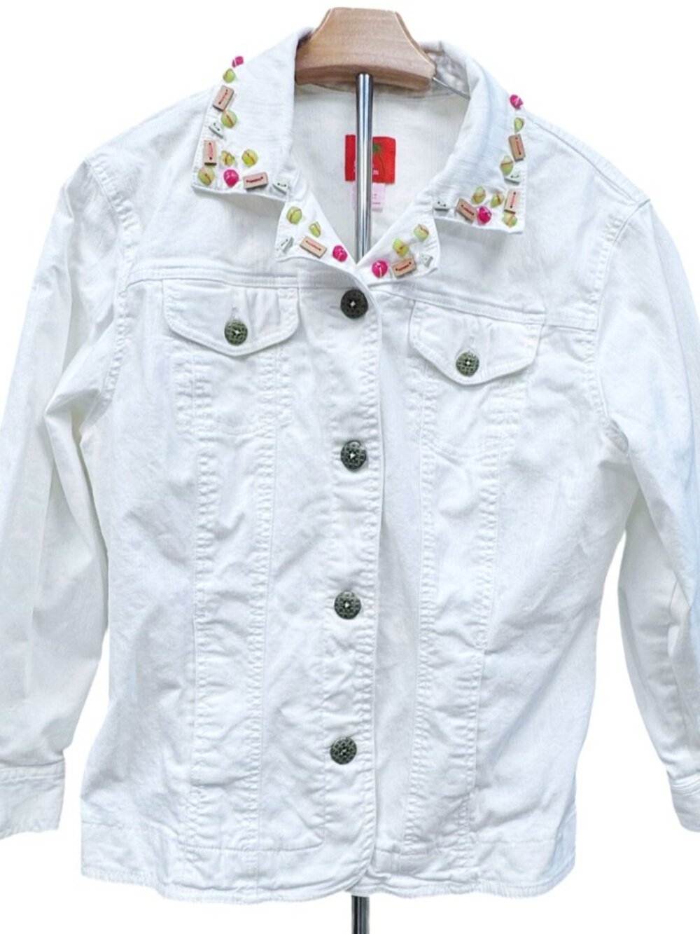 Hearts of Palm NEW White Jacket Embellished Collar Beaded "Denim" Cotton Medium